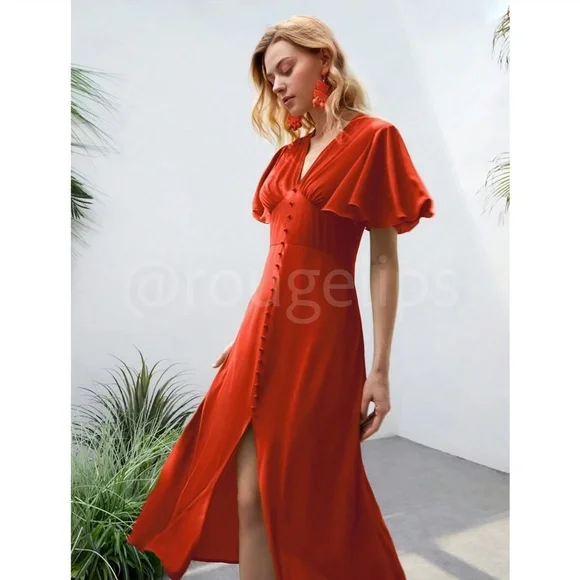Burnt Orange V-Neck Midi Dress Fit and Flare Butterfly Sleeve Faux Button Front - Picture 5 of 12